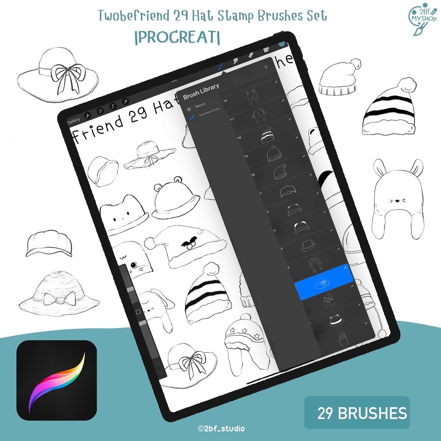 Twobefriend 29 Hat Stamp Brushes Set |PROCREAT BRUSHED|