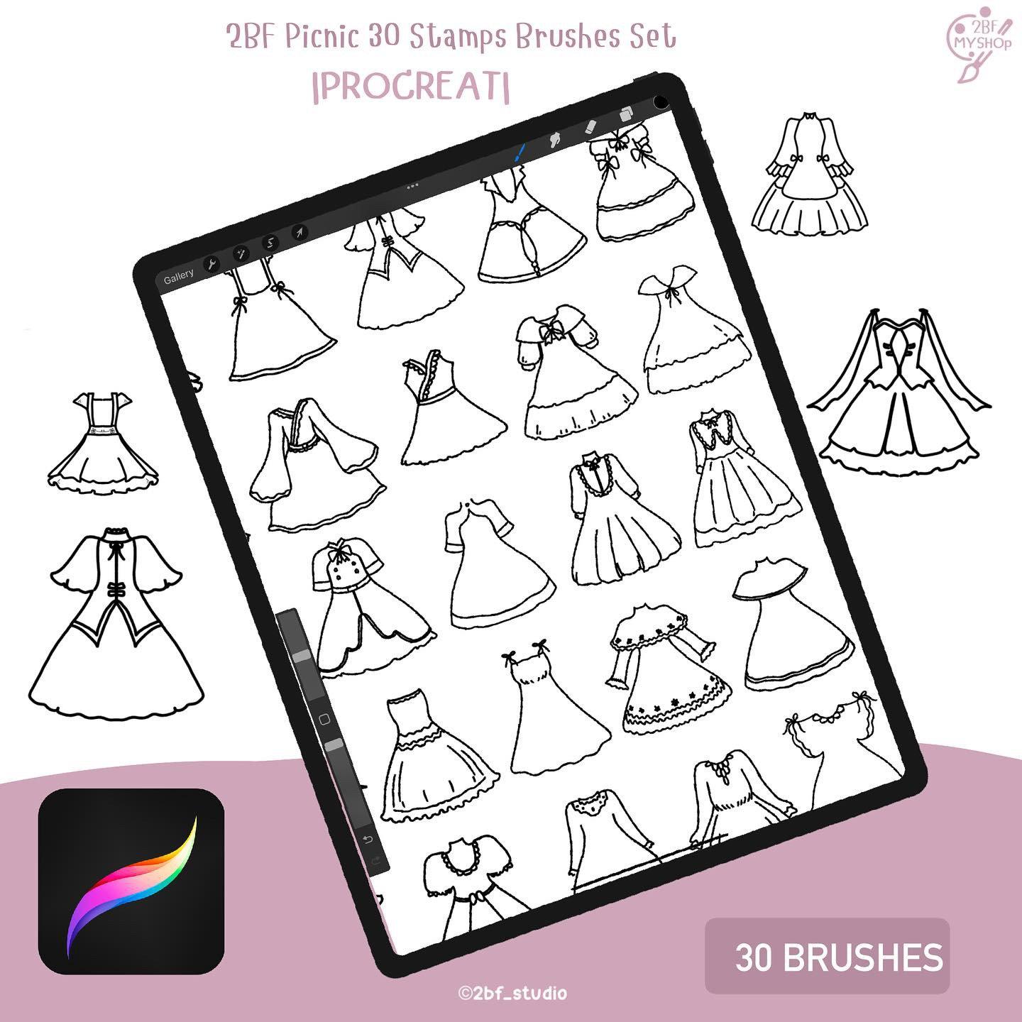 2BF Dresses 30 Stamps Brushes Set |PROCREAT BRUSHED |