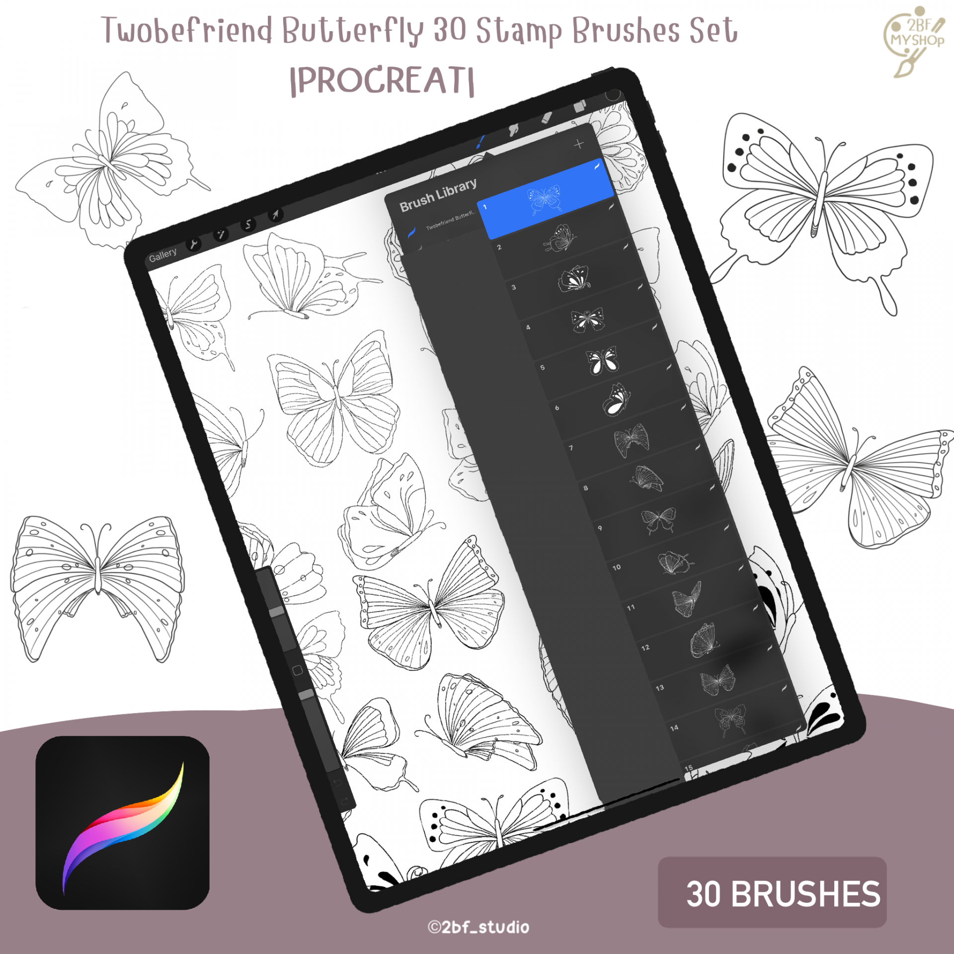 Twobefriend Butterfly 30 Stamp Brushes Set |PROCREAT BRUSHED|