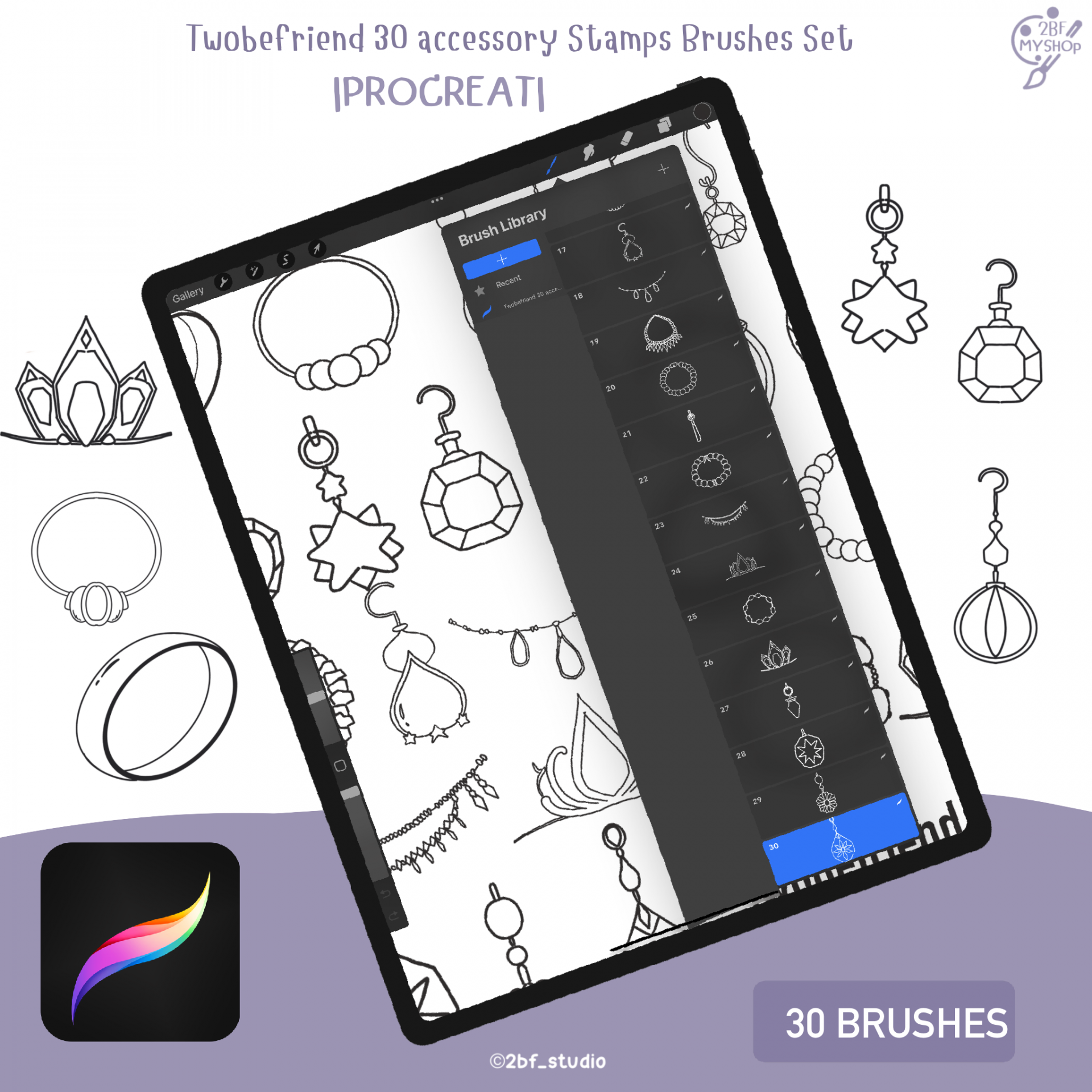 Twobefriend 30 accessory Stamps Brushes Set |PROCREAT BRUSHED|