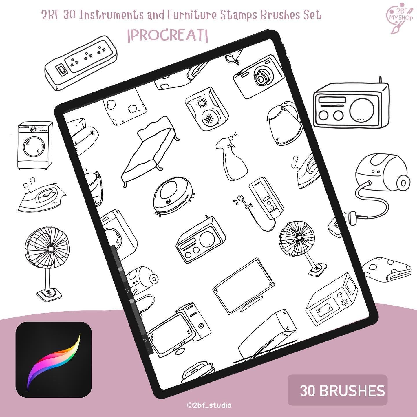 2BF 2BF 30 Instruments and Furniture Stamps Brushes Set |PROCREAT BRUSHED|