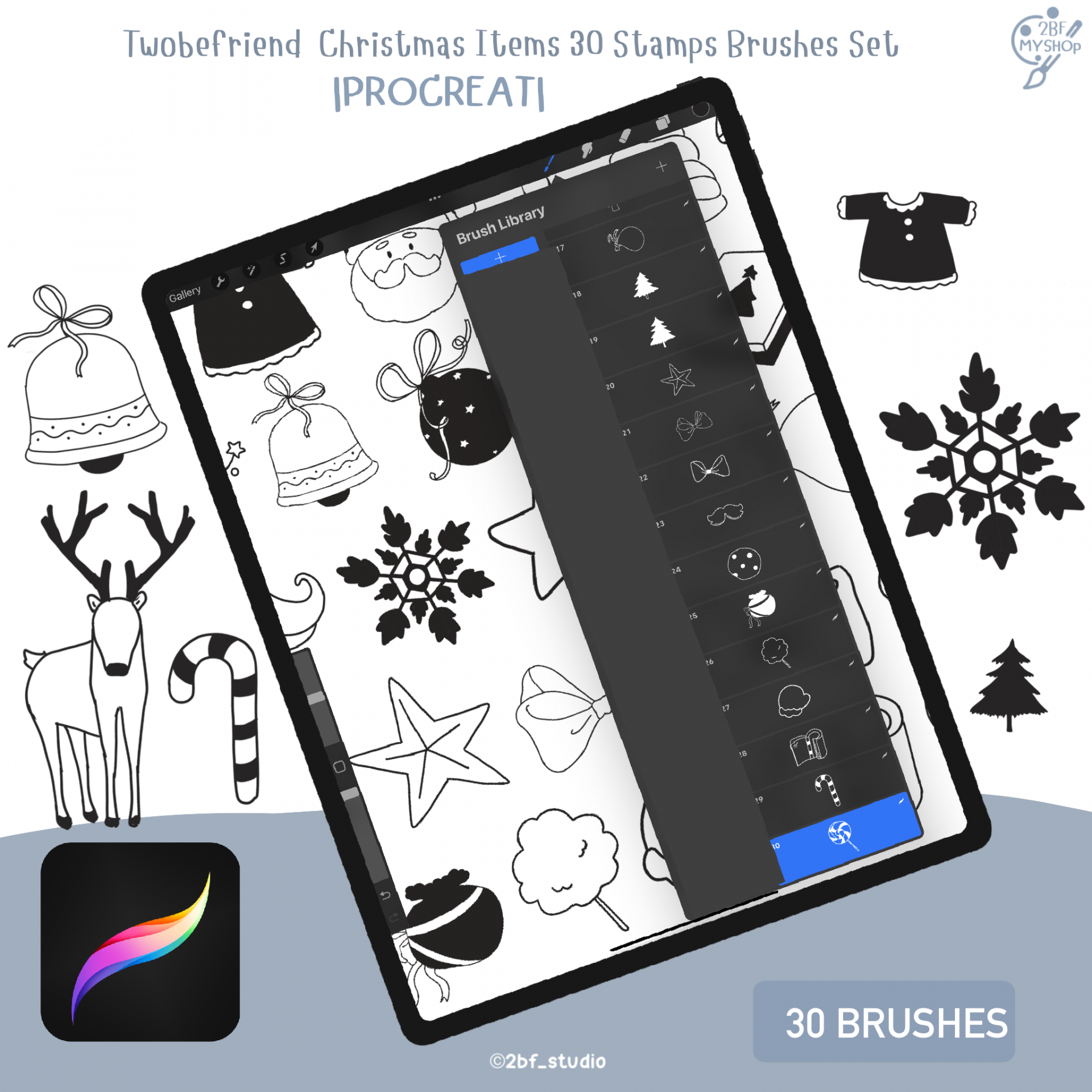 Twobefriend Christmas Items 30 Stamps Brushes Set |PROCREAT BRUSHED |