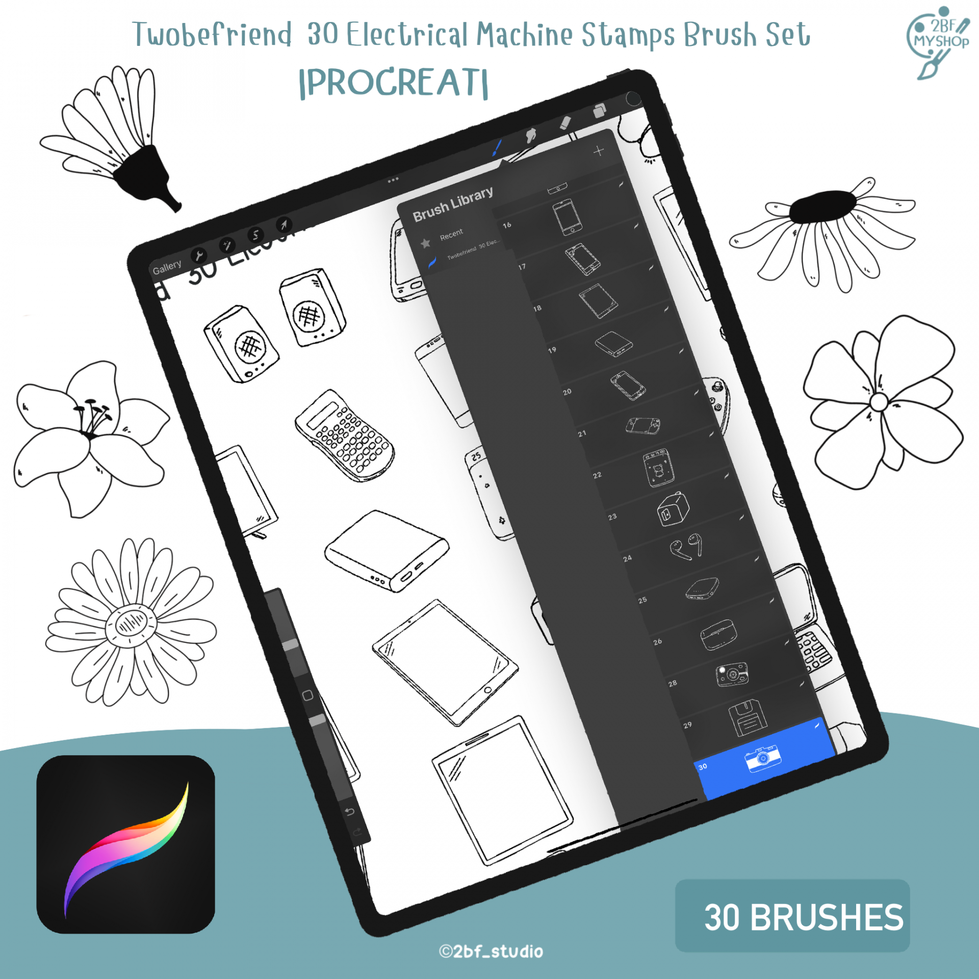 Twobefriend 30 Flower Me Stamps Brushes Set |PROCREAT BRUSHED|