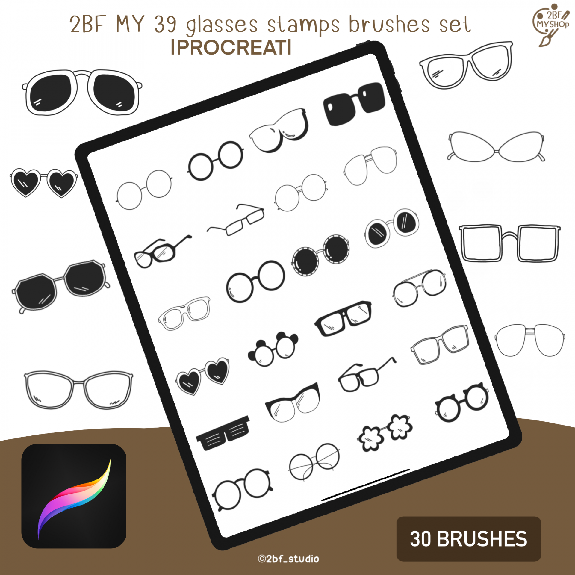 2BF MY 39 glasses stamps brushes set |PROCREAT BRUSHED|