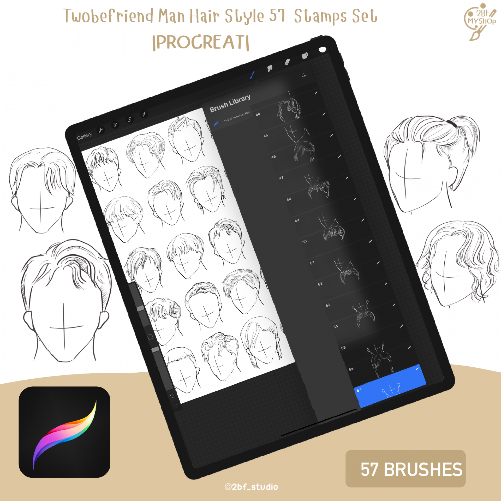 Twobefriend Man Hair Style 57 Stamps Set |PROCREAT BRUSHED|